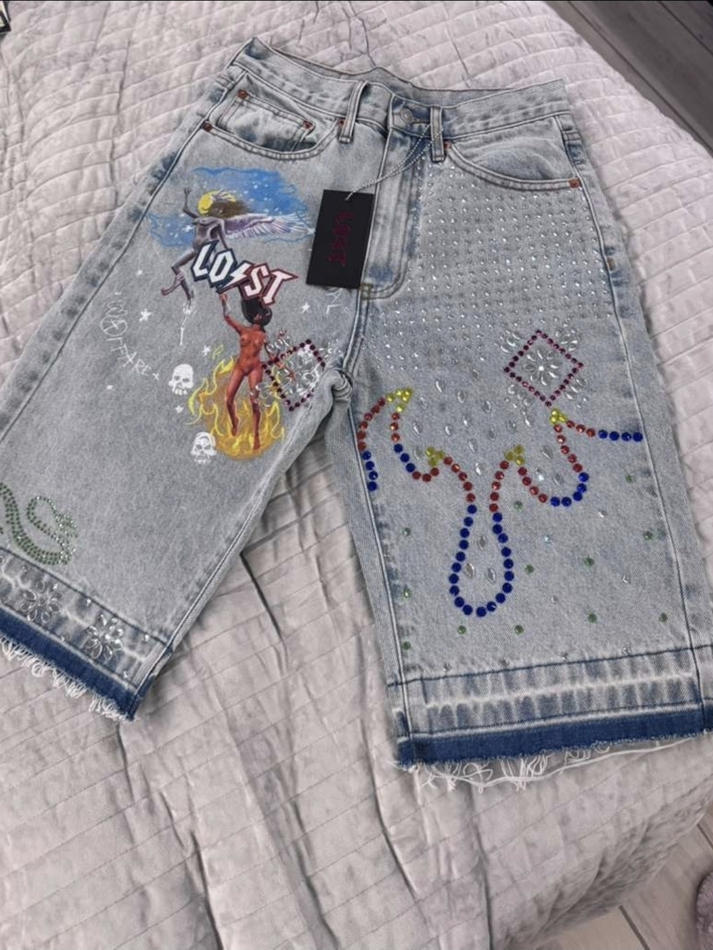 Lost Intricacy Embellished Light Gray Denim Shorts with Graphic Detail
